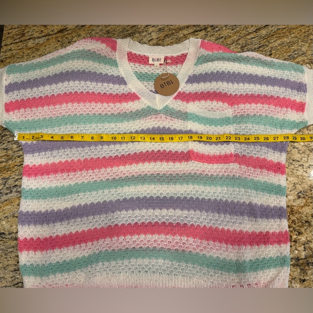 NWT Bibi White/Multicolor Striped Short Sleeve Sweater Women's Size L Oversized - Picture 7 of 8